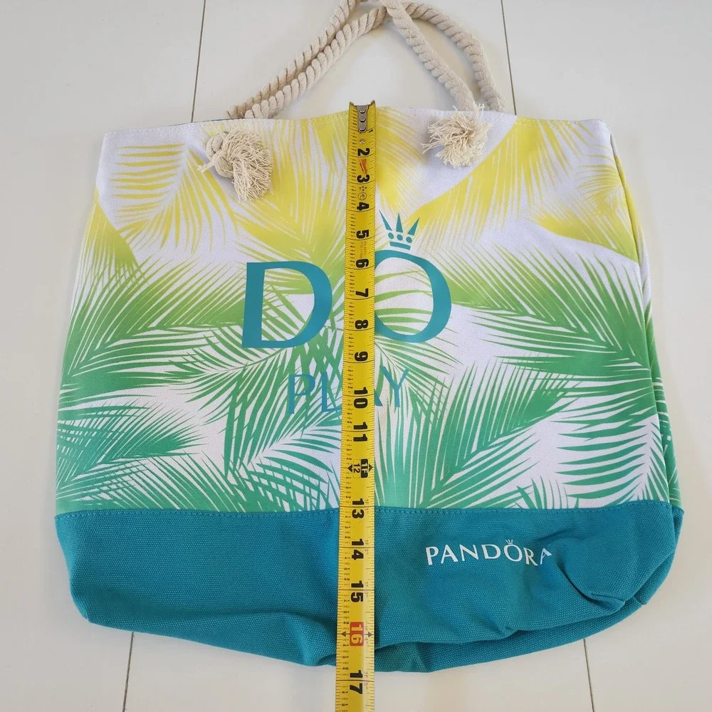 Pandora DO Play Tropical Palm Leaf Canvas Tote Bag Teal Green Yellow Rope Handle